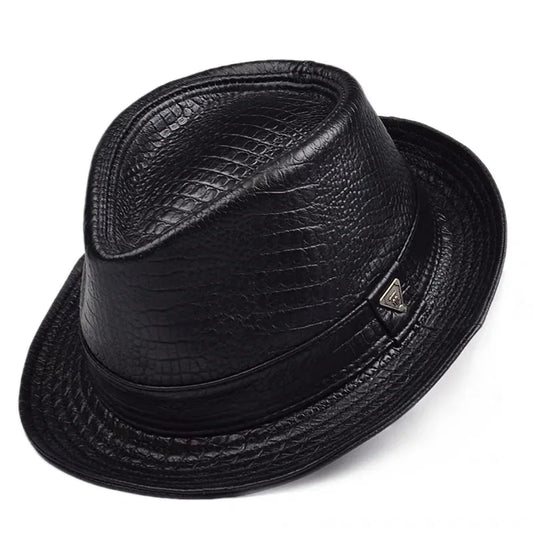 Man High Quality Genuine Leather Jazz Fedora Gentleman CowSkin Short Brim Black/Brown Fitted Top Hat Print Crocodile Pattern - Ellianto fashion Men's