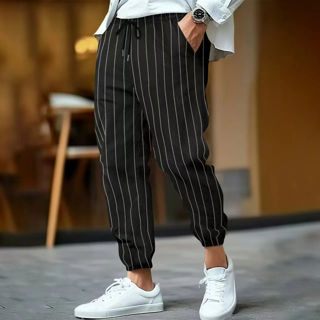 Men's Striped Casual Cotton Linen Blend Trousers Loose Fit Breathable Fashionable Sport Pants Street Versatile Trousers - Ellianto fashion Men's