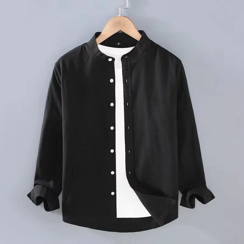 2023 Spring Summer Men's Linen Shirt Pure White Stand Collar Long Sleeve Henley Soft Comfortable Simple Slim Fashion - Ellianto fashion Men's