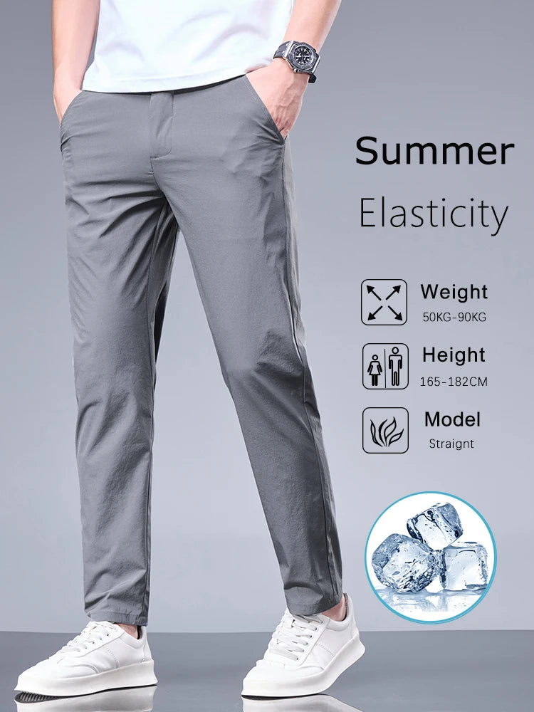 Summer New Business Ice Silk Pants Straight Elastic Waist Black Gray Trousers Breathable Simple Male Clothing Casual Suit Pants - Ellianto fashion Men's