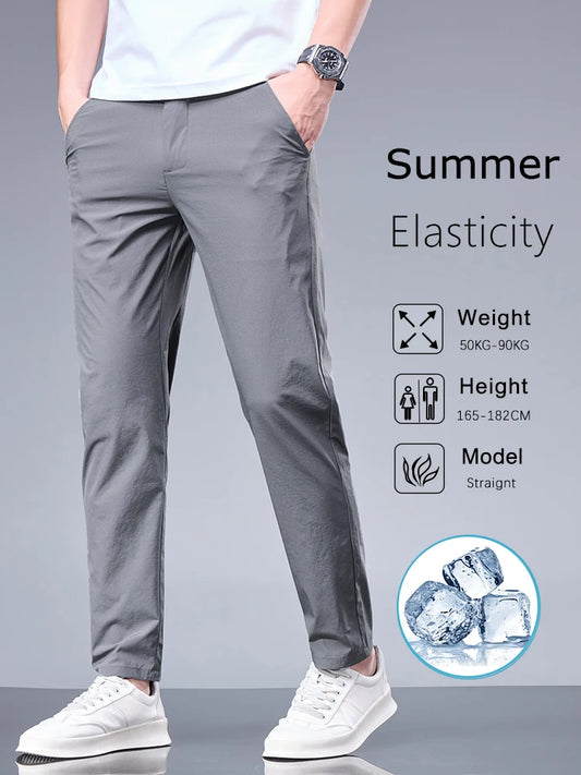 Summer New Business Ice Silk Pants Straight Elastic Waist Black Gray Trousers Breathable Simple Male Clothing Casual Suit Pants - Ellianto fashion Men's