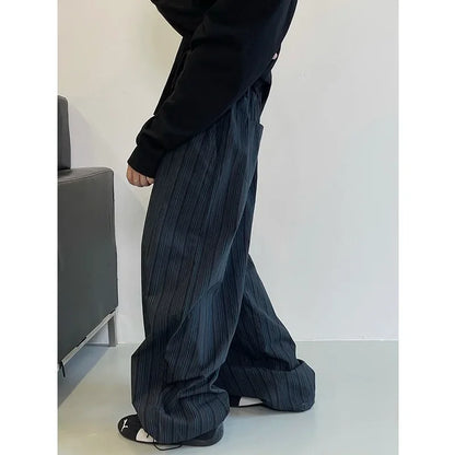 Retro Black Blue Vertical Stripes Cotton Wide Leg Pants Men's Fashionable Trousers Can Be Cuffed Or Dragged on the Ground - Ellianto fashion Men's