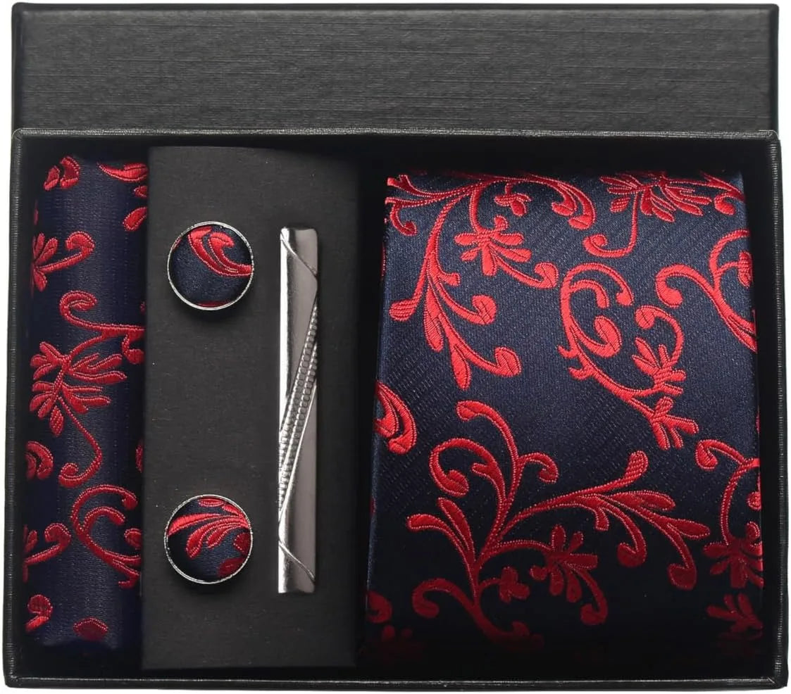 100% Silk Necktie Paisley Floral Mens Tie Top Quality Business Tie Pocket Square Tie Clip Cufflinks Set Classic For Men Gift Box - Ellianto fashion Men's