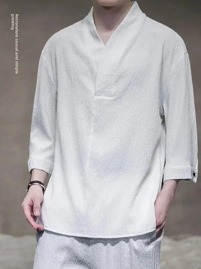 Ice Silk Loose Fit Short Sleeve Men's T-Shirt Set Chinese Style Summer Lightweight Big Size Tang Suit Two Piece Set - Ellianto fashion Men's