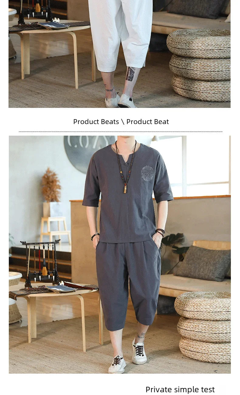 Men's Loose-fit Casual Pants Set Chinese Style Cotton Linen Short Sleeve Shirt Seven-point Shorts Two-piece Suit - Ellianto fashion Men's