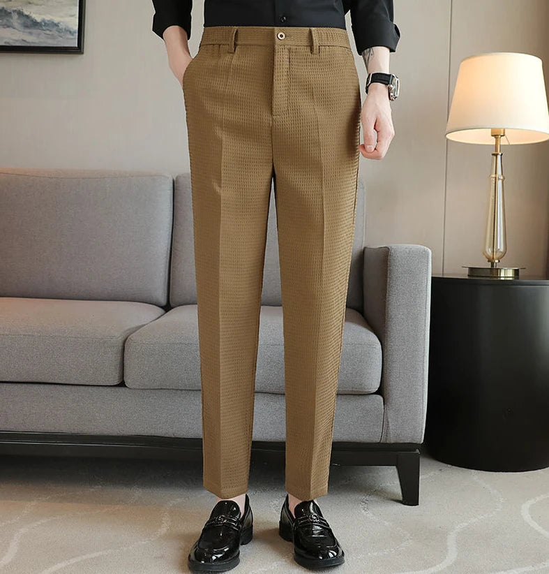 Trousers For Men Social Tailoring Slim Fit Khaki Business Waffle Tressed Work Wear Man Suits Pants Luxury Luxury Spring Clothes - Ellianto fashion Men's