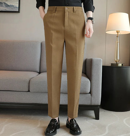 Trousers For Men Social Tailoring Slim Fit Khaki Business Waffle Tressed Work Wear Man Suits Pants Luxury Luxury Spring Clothes - Ellianto fashion Men's