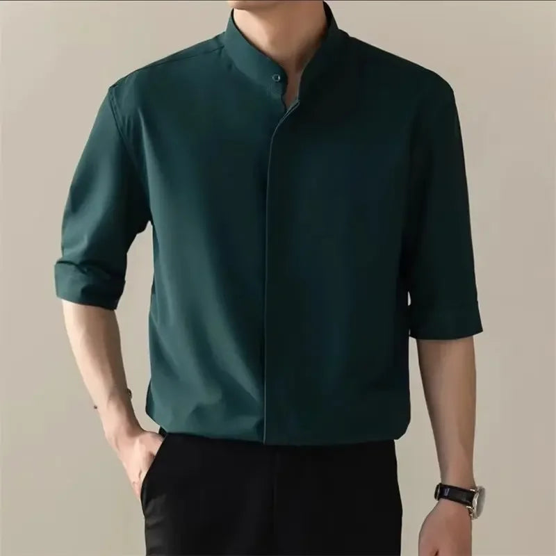 Summer Stand-Collar Ice Silk Shirt – Lightweight, Smooth Fit for Effortless Style and Cool Confidence