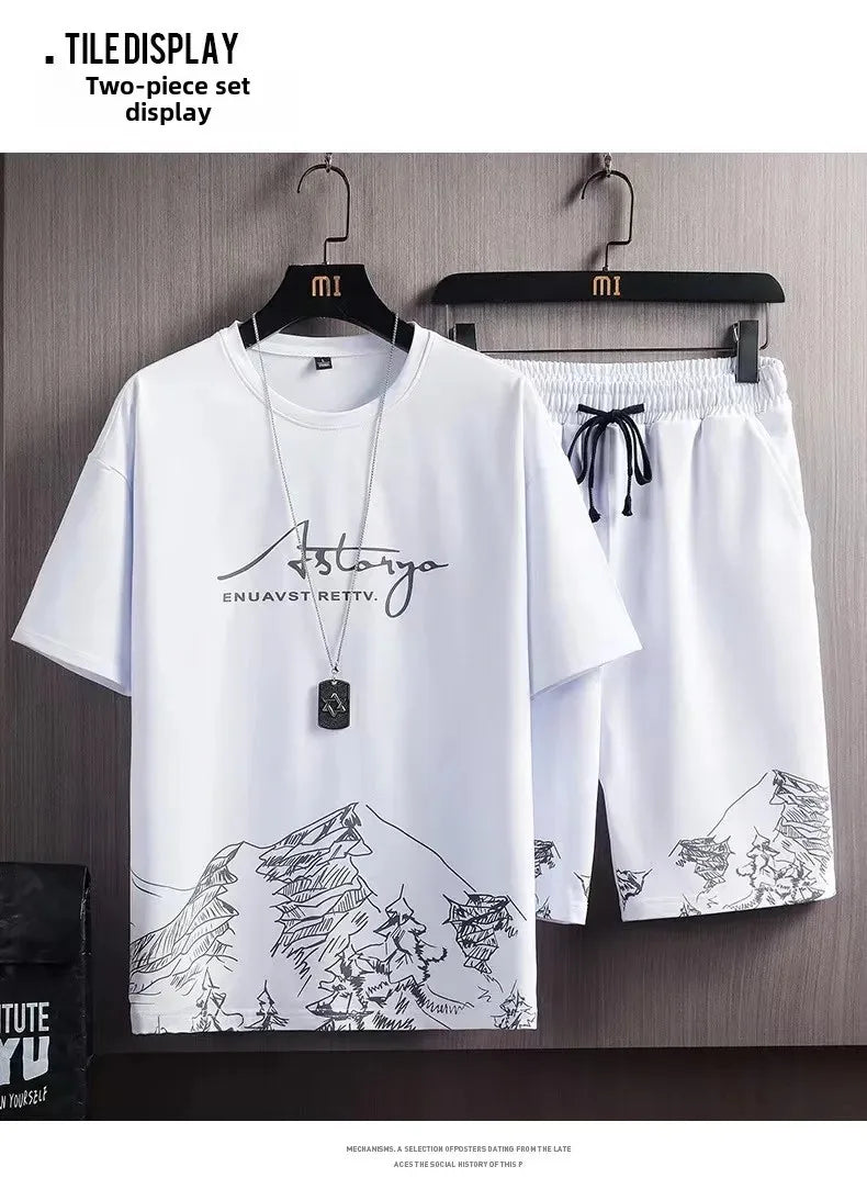 Men's Ice Silk Short Sleeve T-Shirt Suit Summer New Digital Printing Fashionable Korean Style Slims Smooths Your Silhouette Spor - Ellianto fashion Men's