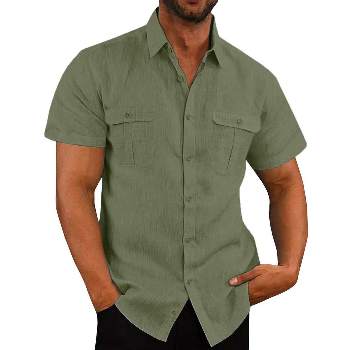 Shirts for Men Handmade Shirt Man Double Pocket Shirt Short Sleeve Men Shirt Linen Shirts for Men Men Cotton Shirt Short Sleeve - Ellianto fashion Men's