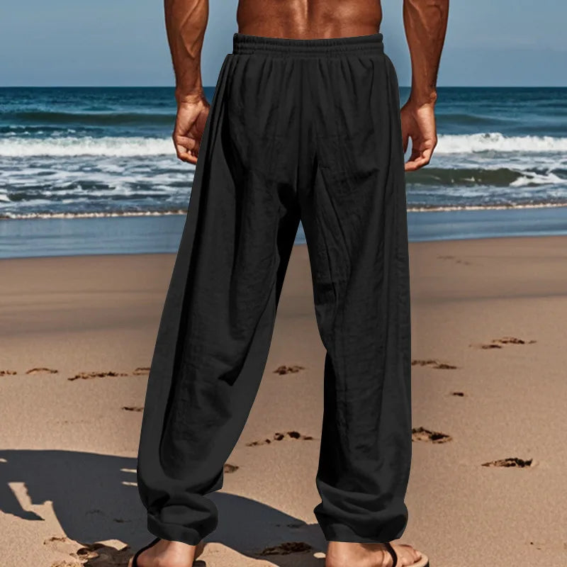 Men's Summer Drawstring Waist Wide Leg Loose Cotton Linen Yoga Pants Beach Casual Trousers with Pockets Casual Lightweight Pants - Ellianto fashion Men's