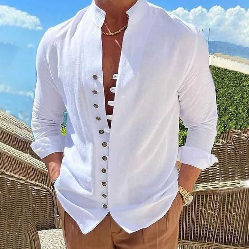 100% pure cotton linen hot selling fashion men's long sleeved shirt solid color stand up collar casual style men's S-3XXL - Ellianto fashion Men's