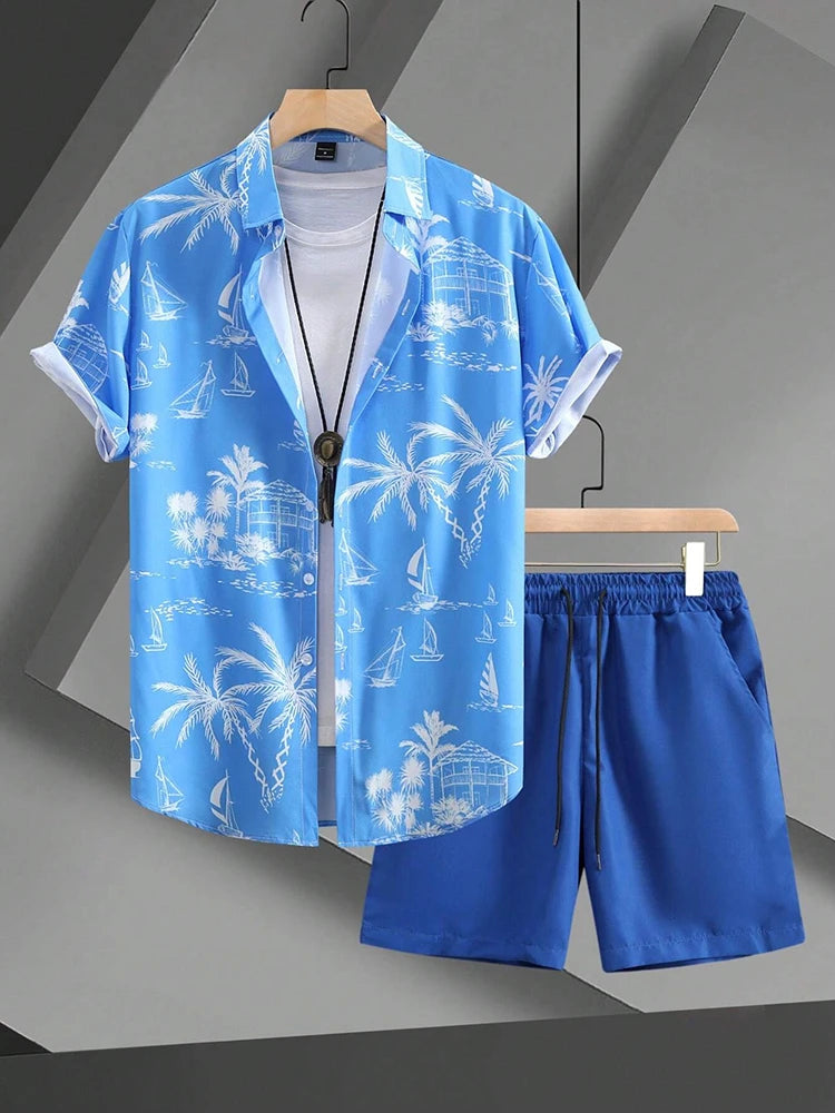 Set Hawaiian Coconut Tree Print Men's Shirt Summer Short Sleeve Tops Beach Shorts 2 Piece Sets Casual Vacation Style Outfit Clothing - Ellianto fashion Men's