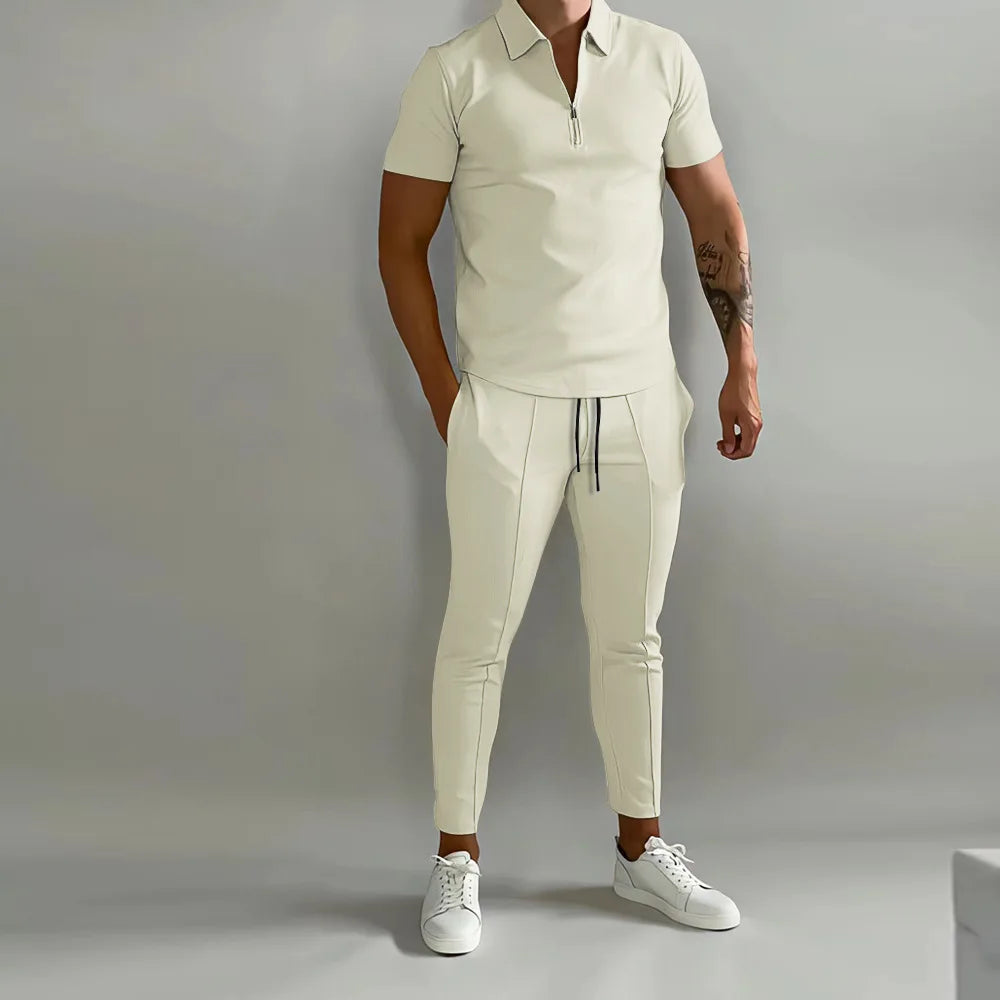 set Spring And Summer New Men's POLO Shirt Short Sleeve Pants Suit Solid Color Simple Fashion Light Daily High Quality Men's Wear - Ellianto fashion Men's
