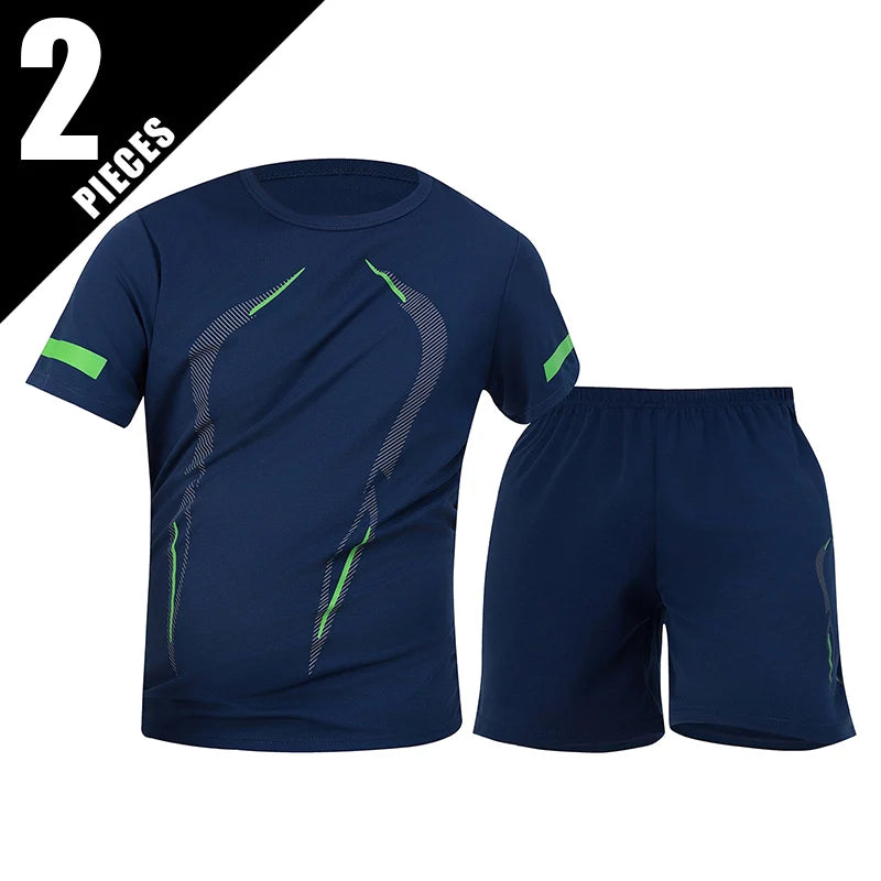 2 Pcs Men's Mesh Breathable Quick-drying Sports Suit Loose Plus Size Running Fitness Mountaineering Casual Short-sleeved Shorts