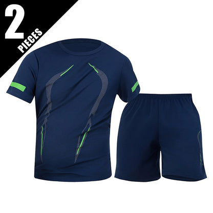 2 Pcs Men's Mesh Breathable Quick-drying Sports Suit Loose Plus Size Running Fitness Mountaineering Casual Short-sleeved Shorts
