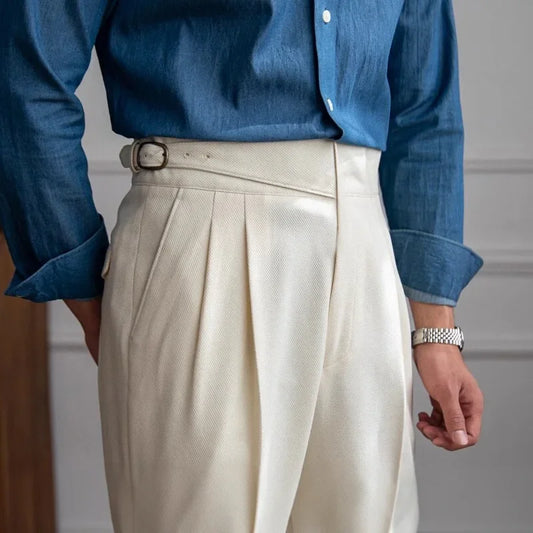 High Waist Straight Leg Casual Men's Trousers Italian Neapolitan Style Versatile Long Pants British Retro Suiting - Ellianto fashion Men's