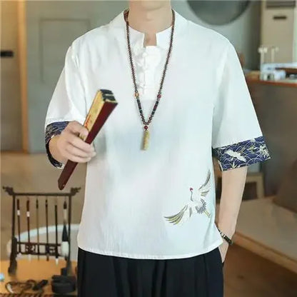 Men’s Chinese-Style Summer Cotton-Linen Short-Sleeve Shirt – Lightweight Comfort with Elegant Embroidered Crane Design for the Modern Gentleman