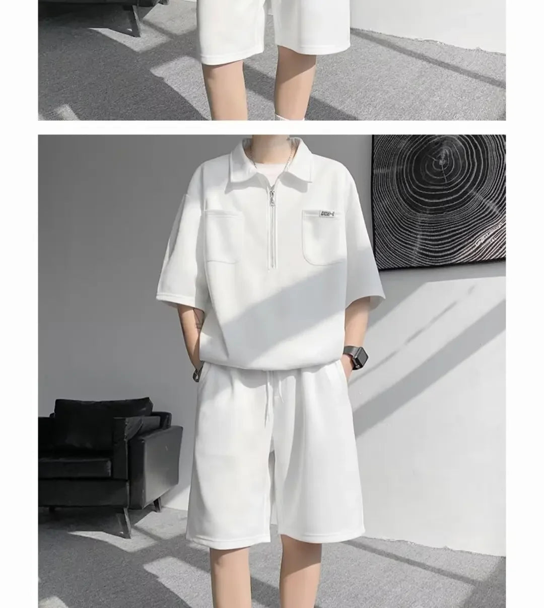 Ice Silk Short Sleeve Polo Shirt Men Summer Trendy Shorts Casual Sports Set Seven Half Zipper Comfortable Thin Male Clothing - Ellianto fashion Men's