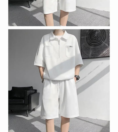 Ice Silk Short Sleeve Polo Shirt Men Summer Trendy Shorts Casual Sports Set Seven Half Zipper Comfortable Thin Male Clothing - Ellianto fashion Men's