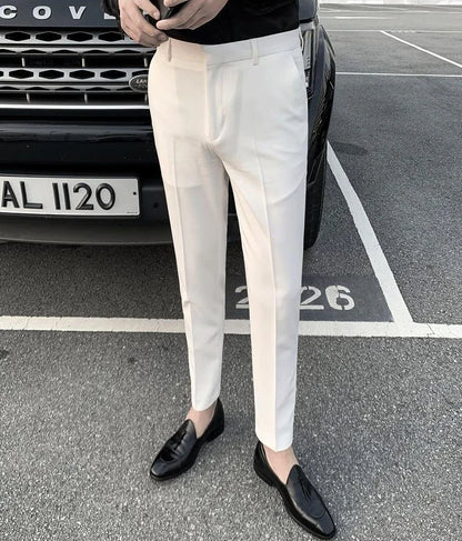 2025 Tressed Male Suit Trousers White Slim Fit Men's Summer Pants Straight 2024 Luxury Formal Work Wear New In Fabric Elegant Luxury - Ellianto fashion Men's