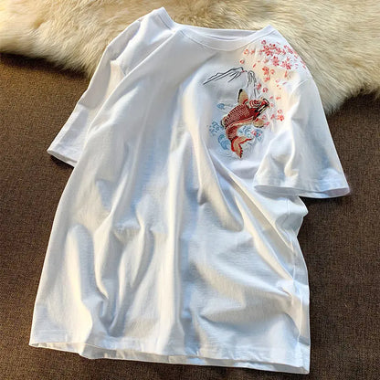 2025 Embroidered Koi Fish Cotton T-Shirt – Lightweight, Loose-Fit Summer Comfort and Effortless Casual Style for the Modern Gentleman