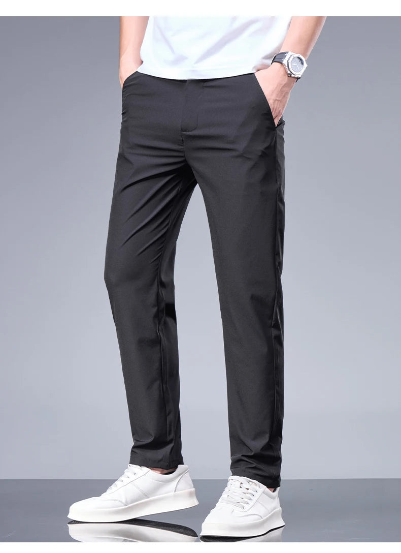 Summer New Business Ice Silk Pants Straight Elastic Waist Black Gray Trousers Breathable Simple Male Clothing Casual Suit Pants - Ellianto fashion Men's