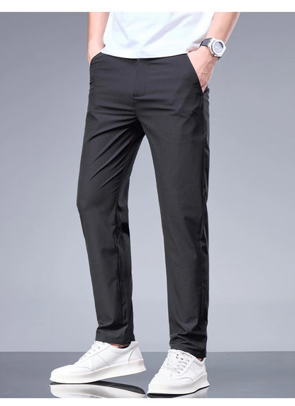 Summer New Business Ice Silk Pants Straight Elastic Waist Black Gray Trousers Breathable Simple Male Clothing Casual Suit Pants - Ellianto fashion Men's