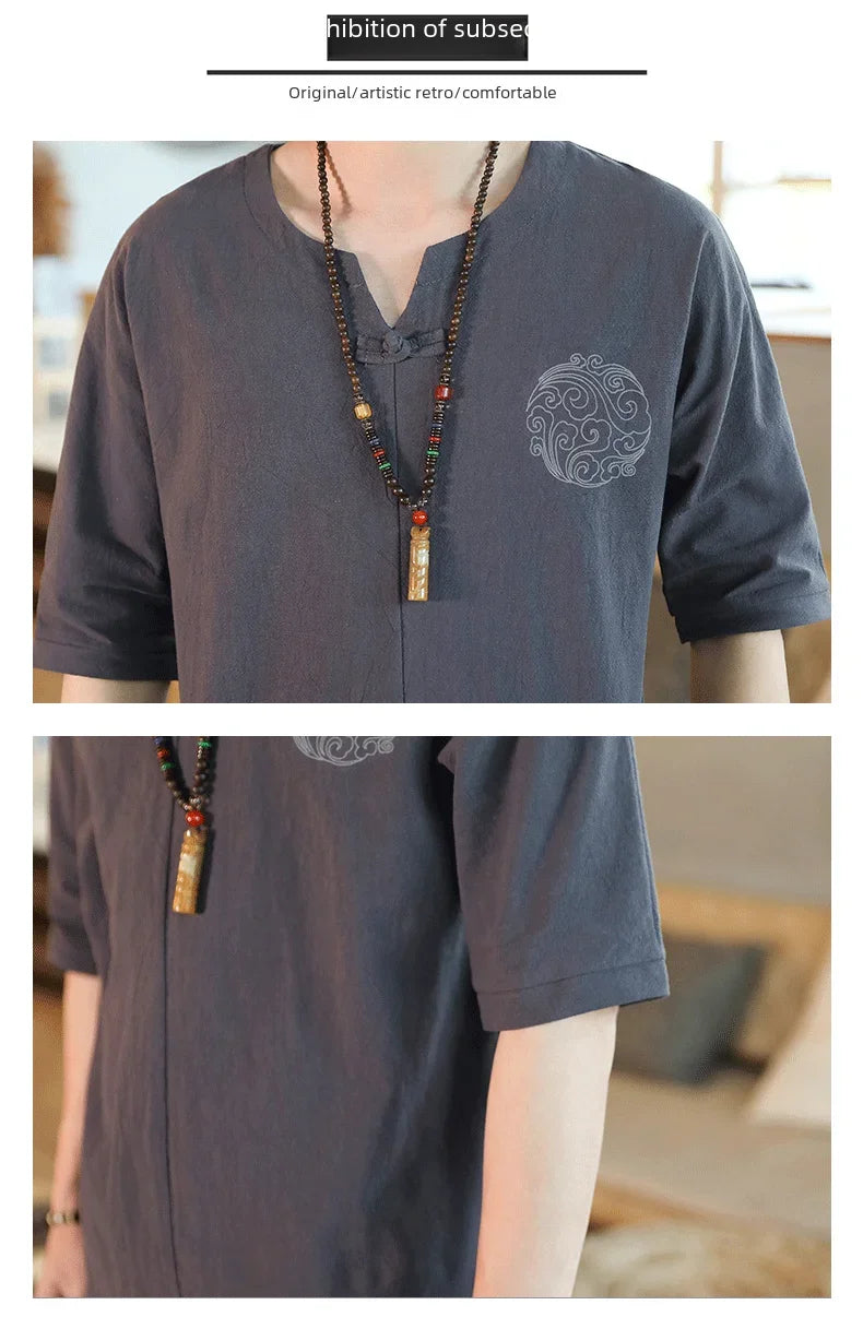 Men's Loose-fit Casual Pants Set Chinese Style Cotton Linen Short Sleeve Shirt Seven-point Shorts Two-piece Suit - Ellianto fashion Men's