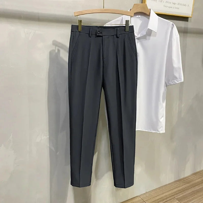 Men's Business Casual Pants Long Trousers Spring Summer Youth Slim Fit Suit Pants Spring Small Foot No Ironing Thin Pants - Ellianto fashion Men's