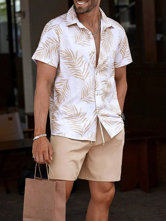 Set New Palm Leaf Print Men's Casual Shirt Hawaiian Men's Beach Shorts Summer Everyday Short-sleeved Shirt And Sports Shorts Set - Ellianto fashion Men's