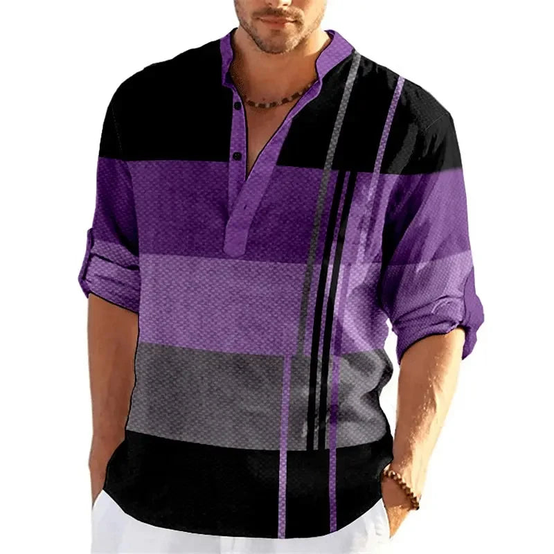 Men's Striped Color Block 3D Print Henley Shirts Fashion Streetwear Stand Collar Long Sleeve Shirt Male Tops Blouse Man Clothing - Ellianto fashion Men's