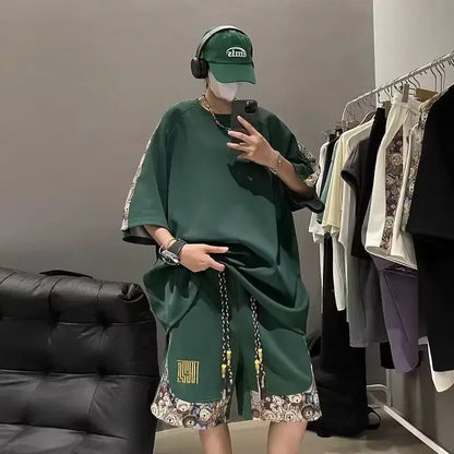 Chinese Style Men's Loose-fit Short Sleeve T-shirt Patchwork Design Sensibility Summer Sport Casual 2-piece Set - Ellianto fashion Men's
