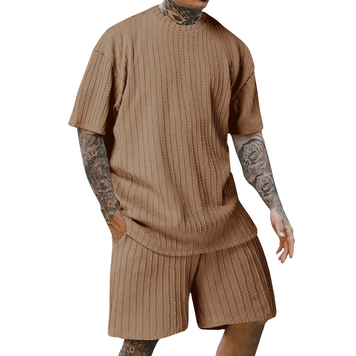 New men's sporty solid-color round-neck pullover vertical striped T-shirt, shorts and short sleeves two-piece casual set 2025 - Ellianto fashion Men's