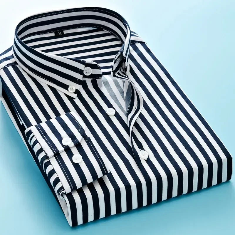 Men's Long Sleeve Blue White Striped Shirt Dress Fashion Standard-fit Button Down Shirts Blouse Men Hip-hop Streetwear Camisas - Ellianto fashion Men's