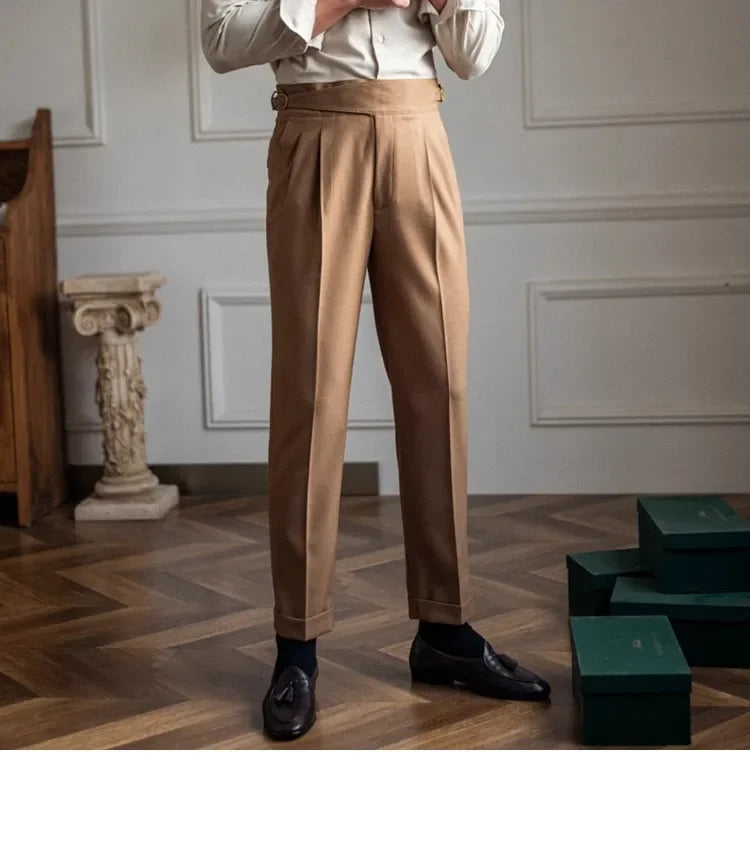 High Waist Straight Leg Casual Men's Trousers Italian Neapolitan Style Versatile Long Pants British Retro Suiting - Ellianto fashion Men's