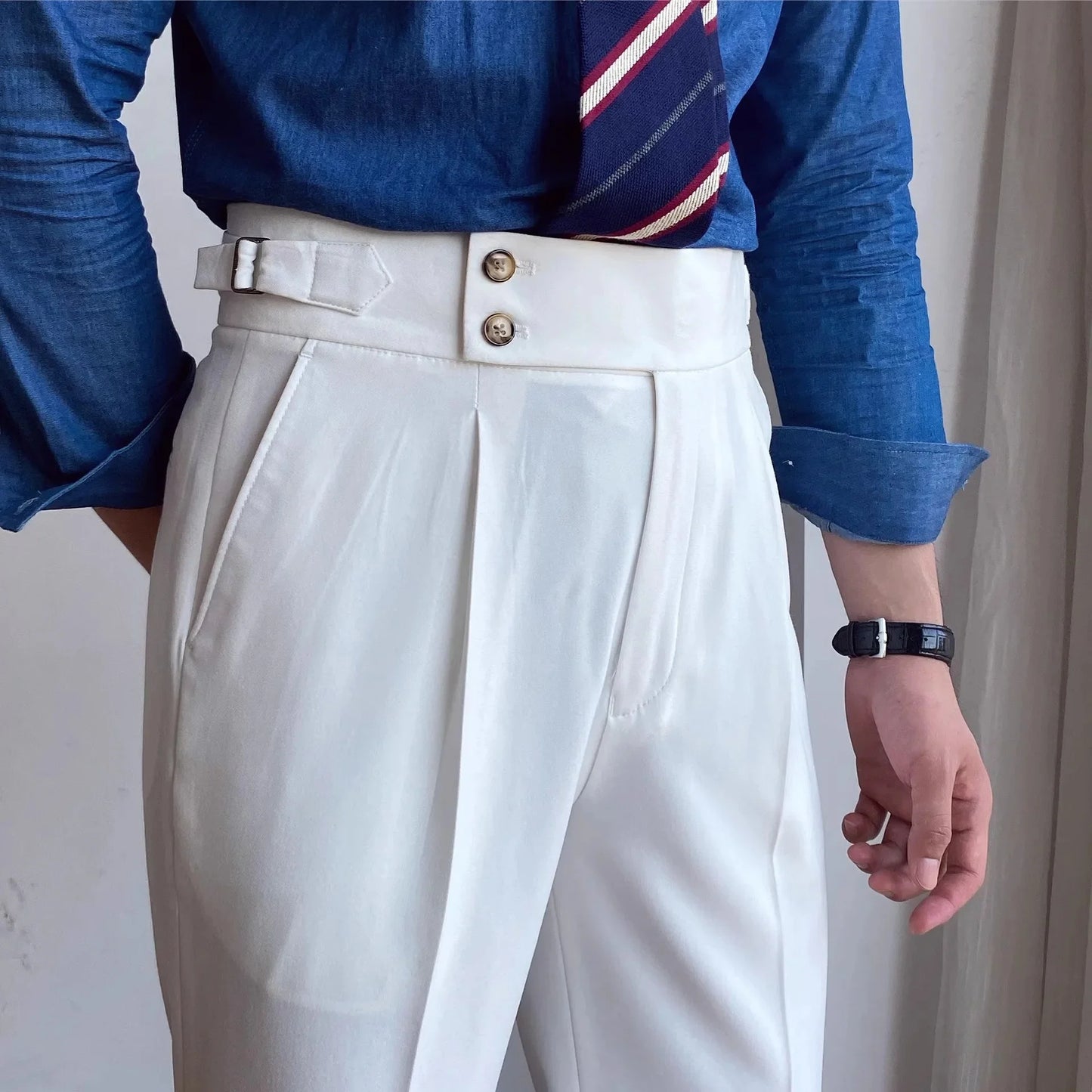 Fashionable High-End Men's Casual Pants Naples Straight Leg Non-Iron Business Paris Buckle High Waist Long Trousers - Ellianto fashion Men's