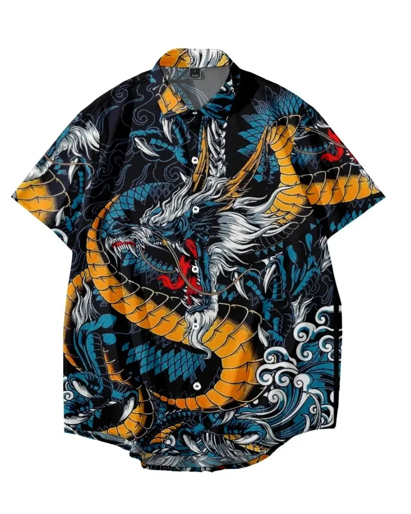 New Year Dragon Hawaiian Casual Men's Short Sleeve Shirt Y2k Vintage Top Breathable Camisas Casuais Blouse Man Clothing Society - Ellianto fashion Men's