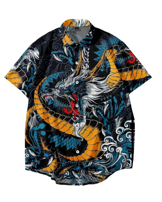 New Year Dragon Hawaiian Casual Men's Short Sleeve Shirt Y2k Vintage Top Breathable Camisas Casuais Blouse Man Clothing Society - Ellianto fashion Men's