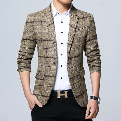 Slim Fit Plaid Men's Casual Suit Jacket Korean Style Spring Fashion Business Leisure Large Size Male Outerwear Coat - Ellianto fashion Men's