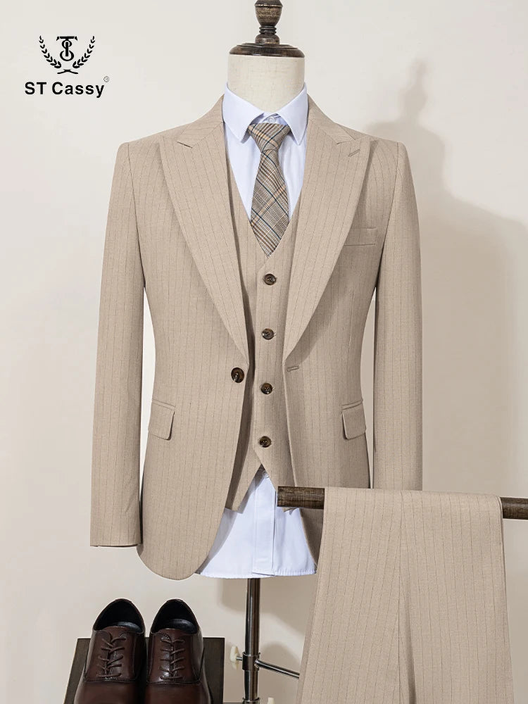 ST Cassy high-quality khaki striped suit slim fit luxurious and elegant men's business suit wedding fashion clothing 3-piece set - Ellianto fashion Men's