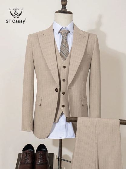 ST Cassy high-quality khaki striped suit slim fit luxurious and elegant men's business suit wedding fashion clothing 3-piece set - Ellianto fashion Men's