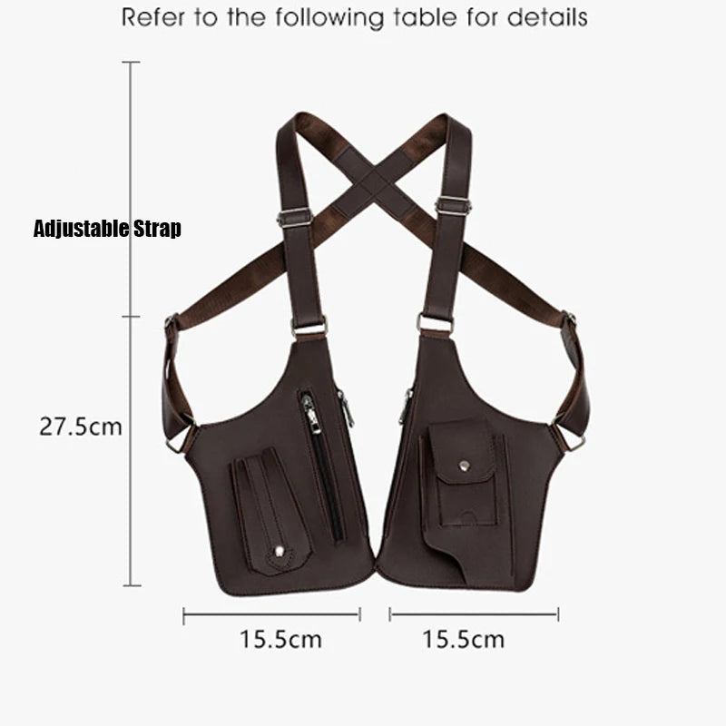Luxury Design Men's Tactical Vest Bag High Quality PU Leather Man Chest Bag Phone Pouch Vintage Design Underarm Back Pack Bags - Ellianto fashion Men's