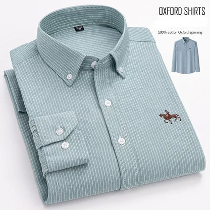 Casual Pure Cotton Oxford Mens Shirts Long Sleeve Embroidery Horse Design Regular Fit Fashion Button Man White Dress Shirt - Ellianto fashion Men's