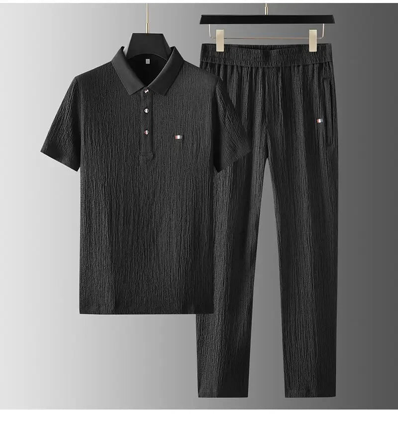 Summer Men's Casual Thin Polo Collar Two-Piece Suit Set Fashionable Flip Collar Male Clothing Full Set Integrated Ensemble - Ellianto fashion Men's