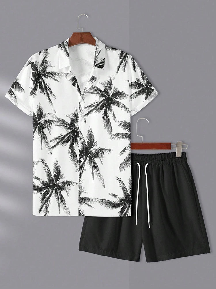 Set Hawaiian Coconut Tree Print Men's Shirt Summer Short Sleeve Tops Beach Shorts 2 Piece Sets Casual Vacation Style Outfit Clothing - Ellianto fashion Men's