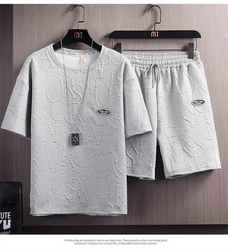 Summer Fashionable Korean Style Men's Short Sleeve Suit Versatile Waist Checked Five-point Shorts T-shirt Set Casual Wear - Ellianto fashion Men's
