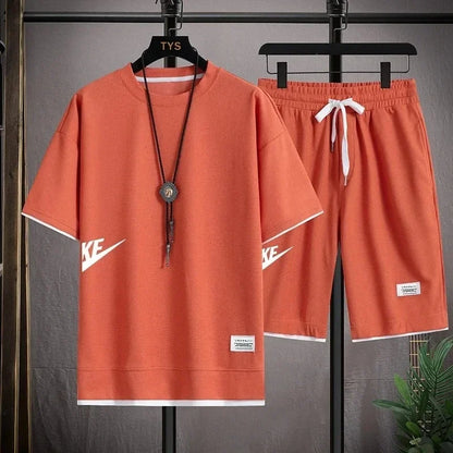 2025 nike Sports fashion casual men's suit summer Korean men's short-sleeved T-shirt + five-point shorts two-piece set - Ellianto fashion Men's