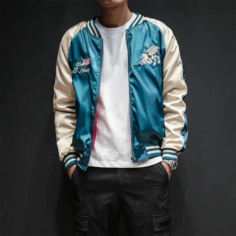 Men’s Reversible Baseball Jacket – Lightweight Spring-Autumn Varsity Style with Embroidered Detail for Effortless Streetwear and Versatile Wear