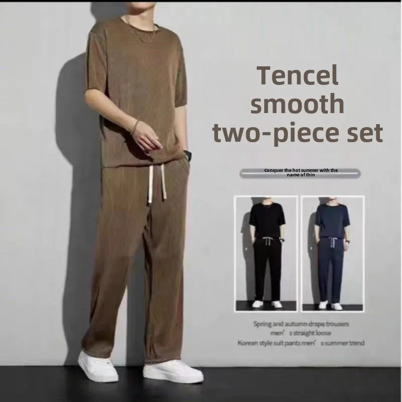Casualsuit Ice Silk Sports Men's Summer Thin Short Sleeves T-shirt Quick Dry Long Pants Matching Half Sleeve Clothes Set - Ellianto fashion Men's